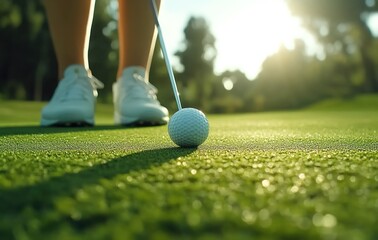 Close-up of a woman playing golf, putting a ball on the green grass near the hole during summertime, with sunlight and a blurred background. 