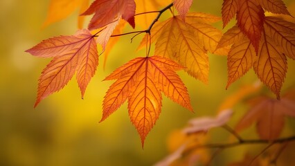 Vibrant Autumn Leaves Collection, Richly Colored Fall Foliage Against a Yellow Blurred Background