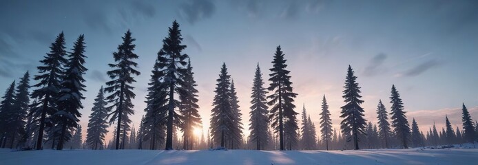 Tall fir trees against the cold blue sky at the break of dawn in a snowy winter landscape, snow, evergreen trees, christmas