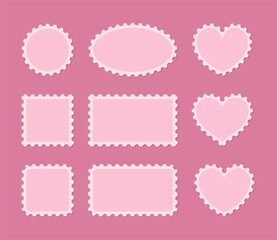 Postage stamp frames set. Geometric shapes and hearts with perforated edges. Valentine's day decorative elements for advent calendar.