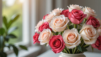 Beautiful bouquet of pink and cream roses on a table