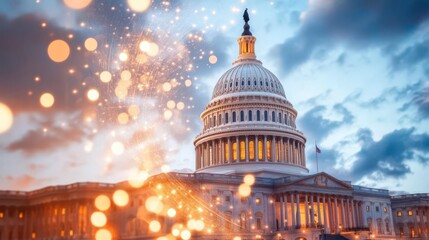 Majestic Capitol Dome at Twilight, bathed in warm, festive lights.