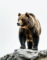 Obraz premium a large shaggy brown bear on a rocky ledge on a white background