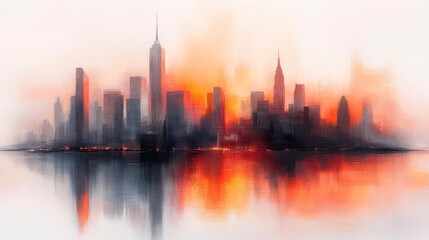 Fototapeta premium Manhattan Skyline: A fiery sunset paints the cityscape, reflecting in tranquil waters.