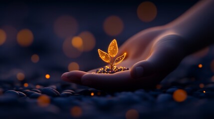 A hand holding a glowing digital plant, symbolizing growth, innovation, and sustainability in the digital age.
