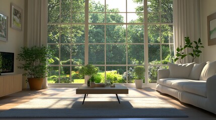 Fototapeta premium A three-dimensional rendering of a modern living area with a garden outlook.There are large windows that overlook the surrounding environment and garden.