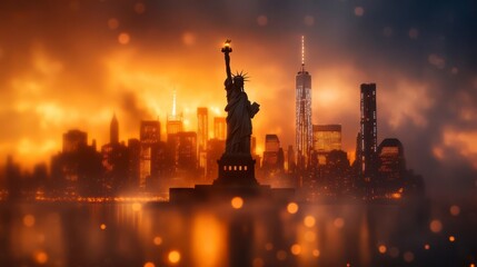 Obraz premium Lady Liberty's Neon Embrace: A City's Night Glow