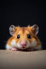 Fototapeta premium Cute hamster peeking over table, against dark background. Mobile wallpaper