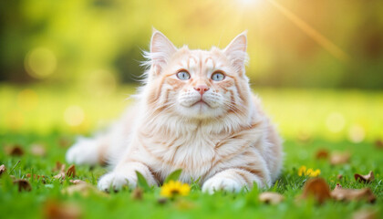 Fluffy orange cat relaxing in a garden, serene pet moment