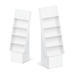 Four shelf side display with base mockup for sale point. Vector illustration on a white background. Can be use for template your design, promotion, advertising. EPS10.	