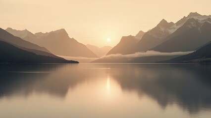 Fototapeta premium Serene Sunset Lake Reflecting Majestic Mountain Range, Minimalist Beige Landscape Photography