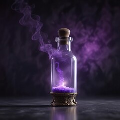 Ancient mystic vial emitting ethereal purple mist against a dark velvet backdrop illuminated softly by a faint luminescent glow, hazy mist , mystical bottle, ancient artifact