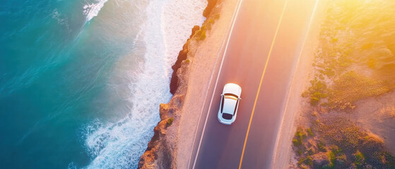 Driving along the coastal highway at sunset aerial view scenic road trip adventure