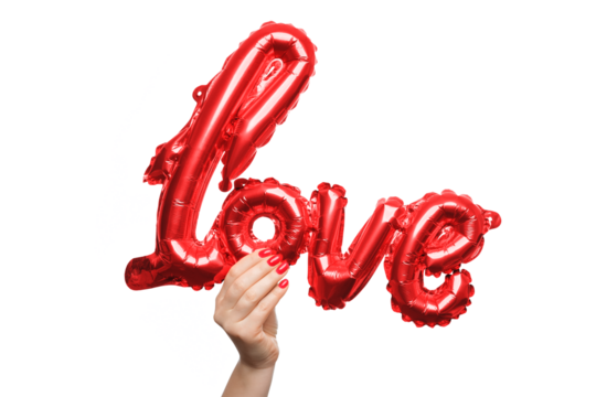 Holding a shiny red love balloon against a white background. A hand extends upward, presenting a vibrant, shiny red balloon shaped like the word love.