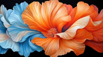 Obraz premium Vibrant Flower Design with Soft Petals in Orange and Blue Tones Against a Black Background