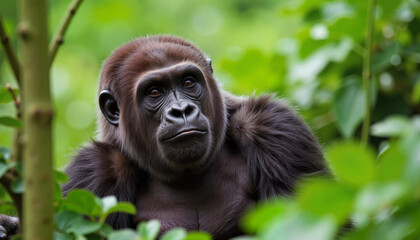 Obraz premium Curious Cross River gorilla observing in lush rainforest, endangered species