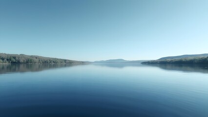 Serene Minimalist Lake Landscape, Calm Water Reflecting a Navy Blue Sky