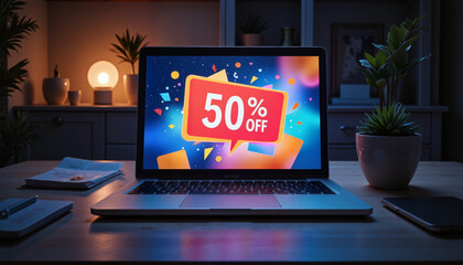 Discount offer displayed on laptop screen in cozy workspace