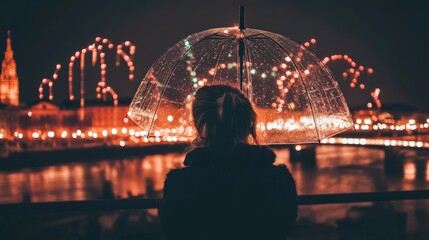 Obraz premium Woman with Umbrella Enjoying Fireworks Display Over City River