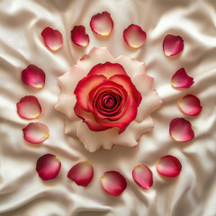 Fototapeta premium beautiful rose surrounded by petals on silky fabric background, creating serene and romantic atmosphere