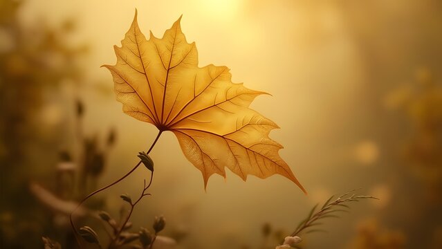 Elegant Golden Leaf Unfolding, Serene Autumn Mist, Soft Gold Backdrop, AI-Generated Nature Photography