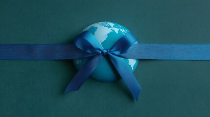 Blue Ribbon Tied Around Earth Representing Global Unity and Celebration of World Culture in a Creative Visual Concept on a Green Background