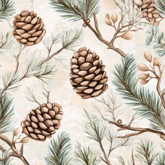 Delicate pine cones nestled among soft green branches create ser