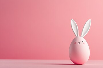 Obraz premium Cute pink egg with bunny ears and cheerful expression against so