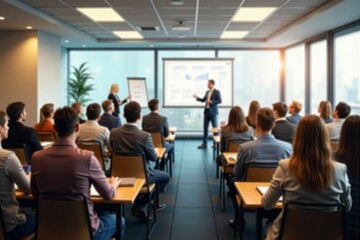 Professional Business Conference with Engaged Audience in a Modern Meeting Room during Presentation