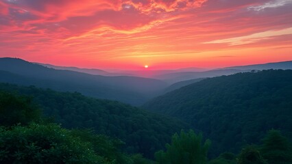 Fototapeta premium Fiery Pink Sunset over Lush Green Forest Mountains, Breathtaking Landscape Photography