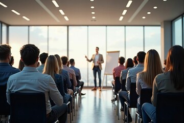 Professional Business Conference with Engaged Audience in a Modern Meeting Room during Presentation