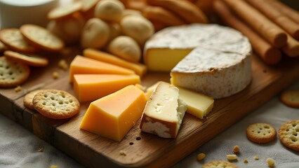 Warm Golden-Lit Close-up of Artisanal Cheese and Cracker Charcuterie Board on Vintage Linen