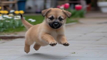 Adorable Puppy Joyfully Leaps Over Garden Path in Spring Scene