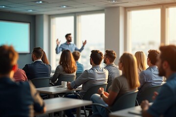 Professional Business Conference with Engaged Audience in a Modern Meeting Room during Presentation