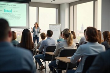 Professional Business Conference with Engaged Audience in a Modern Meeting Room during Presentation