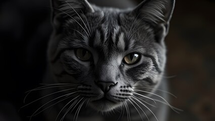 Serene Domestic Cat Portrait, Black and White Close-up of a Grey Cat's Face, Intricate Fur Texture, Calm Eyes, Soft Lighting, Overhead Shot