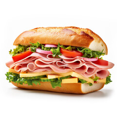 A fully loaded sub sandwich with layers of ham, turkey, cheese, and vegetables