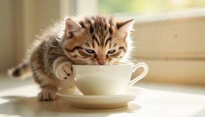 Tabby kitten drinking from white teacup on windowsill