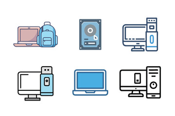 Computer Speaker, PC, Home Theater, pen drive, hard disk, laptop, pc monitor, Remote Control, cooling fan Vector Icon Illustration, Modern Electronics Design.
