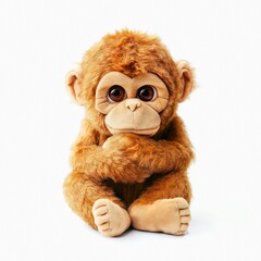 Cute brown monkey plush toy isolated on white background.