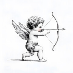 Fototapeta premium Vintage illustration of a cupid with bow shooting isolated on white background