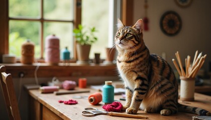 Tabby cat sitting on craft table surrounded by colorful threads