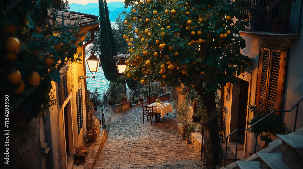 Wall mural Some Italian restaurant on the shore of a lake.