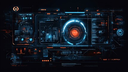 Futuristic digital interface with glowing elements and data displays.