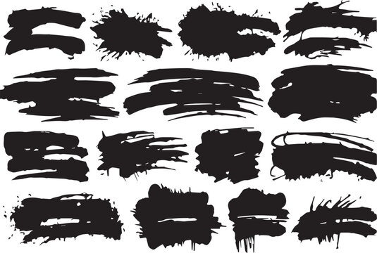 "Variegated Grunge Brush Strokes Collection on White Background. An assorted assortment of black grunge brush strokes perfect for textured designs and artistic graphics, isolated on white. Vector brus
