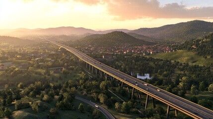 Fototapeta premium An overhead image of a freeway bridge that connects towns at nightfall, spanning a valley with green hills and forests, as part of infrastructural expansion. 