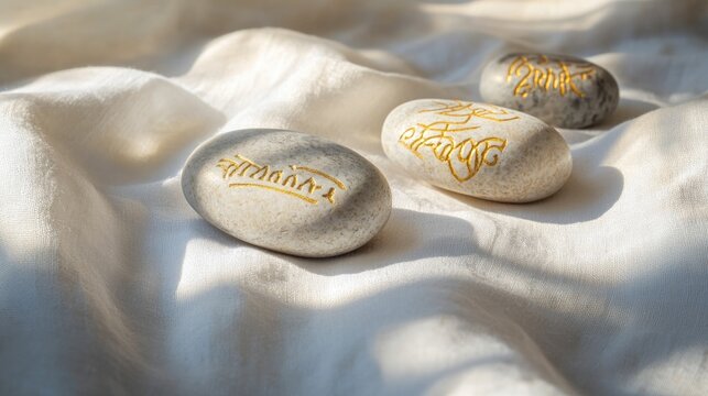 Soft light highlights smooth stones with elegant golden inscript