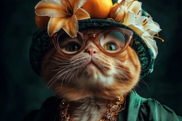 Fototapeta premium A cute cat elegantly wearing glasses and a stylish hat adorned with fruits, set against a dark backdrop. This blend of whimsy and charm makes a delightful image.