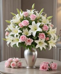 Obraz premium A beautiful arrangement of white lilies and pink roses in a elegant vase, Romantic Gift, Wedding Flowers