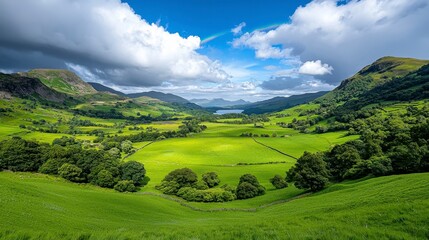 Obraz premium Lush Green Valley Landscape with Dramatic Sky and Rolling Hills